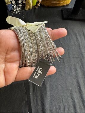 Gara New York Silver Crystal Multi-Row Bracelet with Ribbon Tie